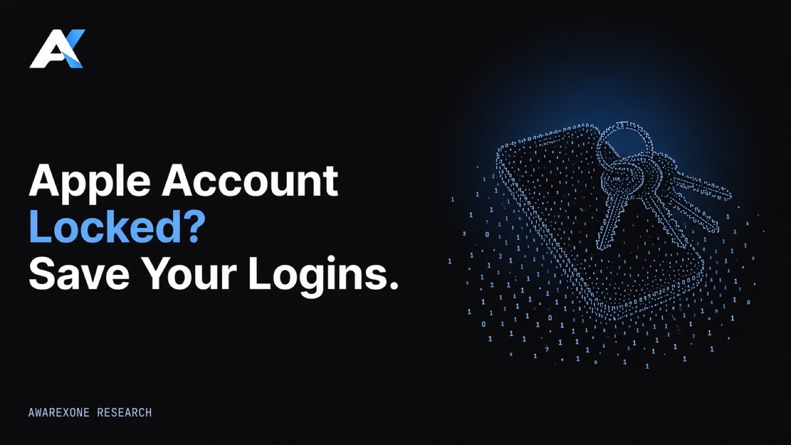 A ring of keys lying across a smartphone, drawn in blue binary digits on a dark background, beside the headline Apple Account Locked? Save Your Logins.