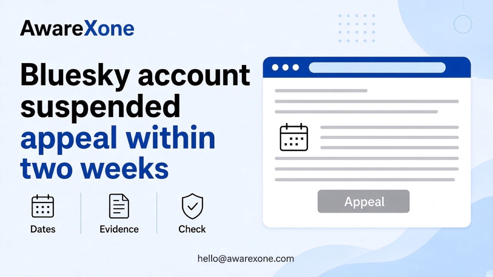 A person checks a phone showing a suspension notice beside a calendar with two weeks highlighted, after searching bluesky account suspended appeal within two weeks.