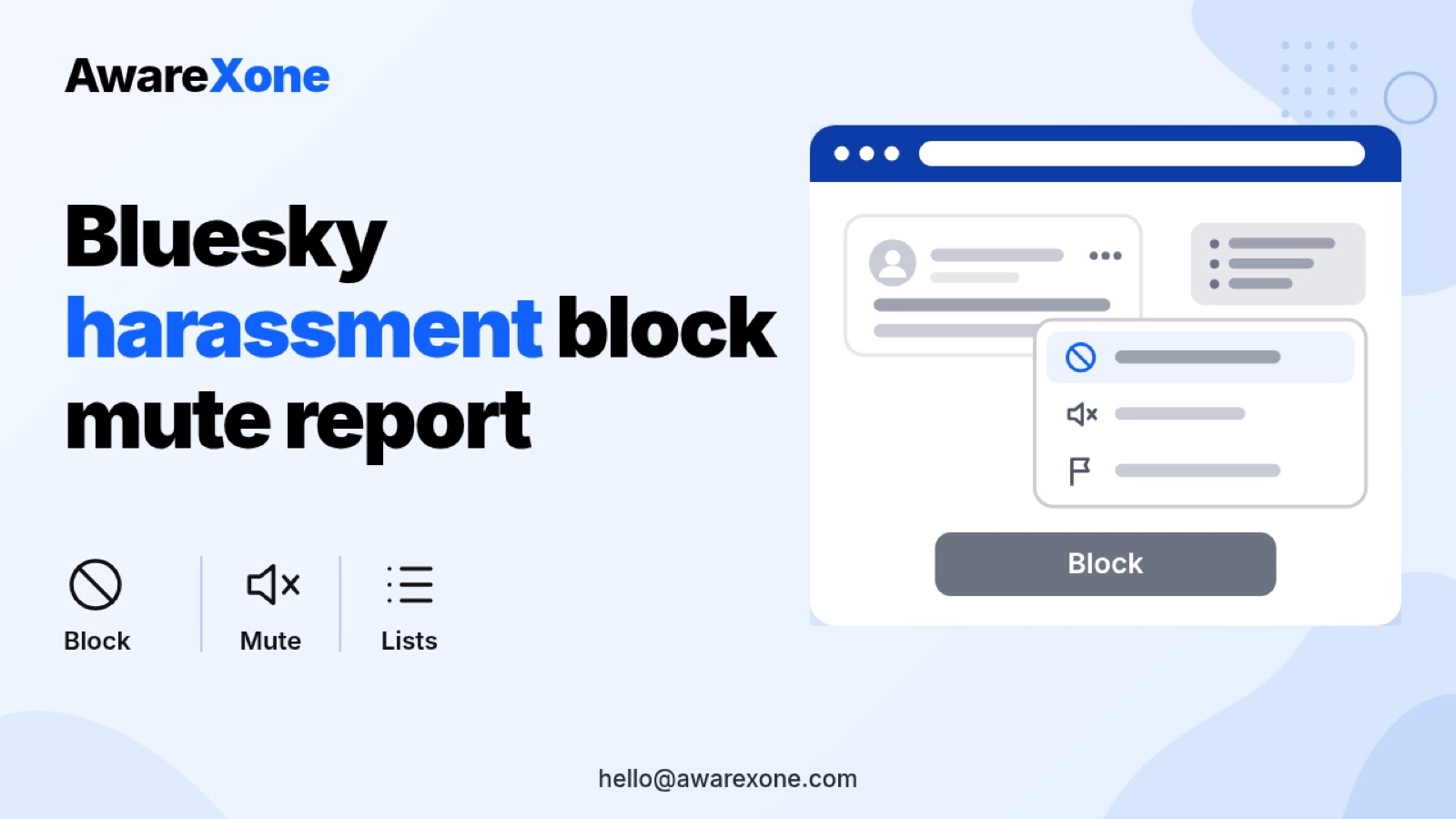 Flat illustration of a Bluesky post with a block, mute and report menu and a moderation list, showing how to deal with Bluesky harassment using block, mute and report.