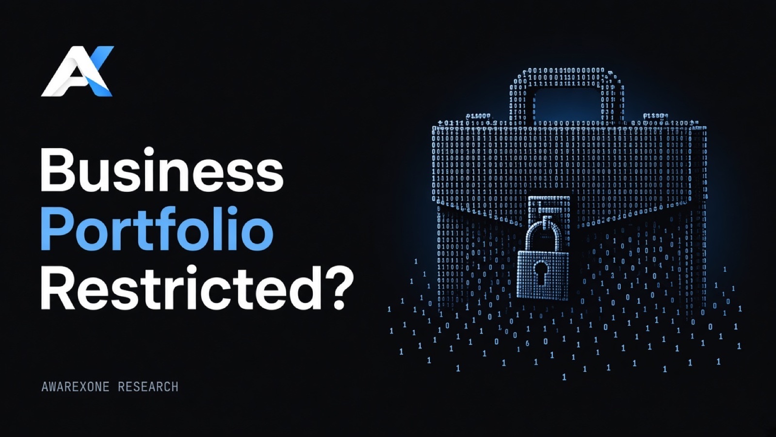 A briefcase with a padlock on its front drawn in blue binary digits on a dark background, beside the headline Business Portfolio Restricted?