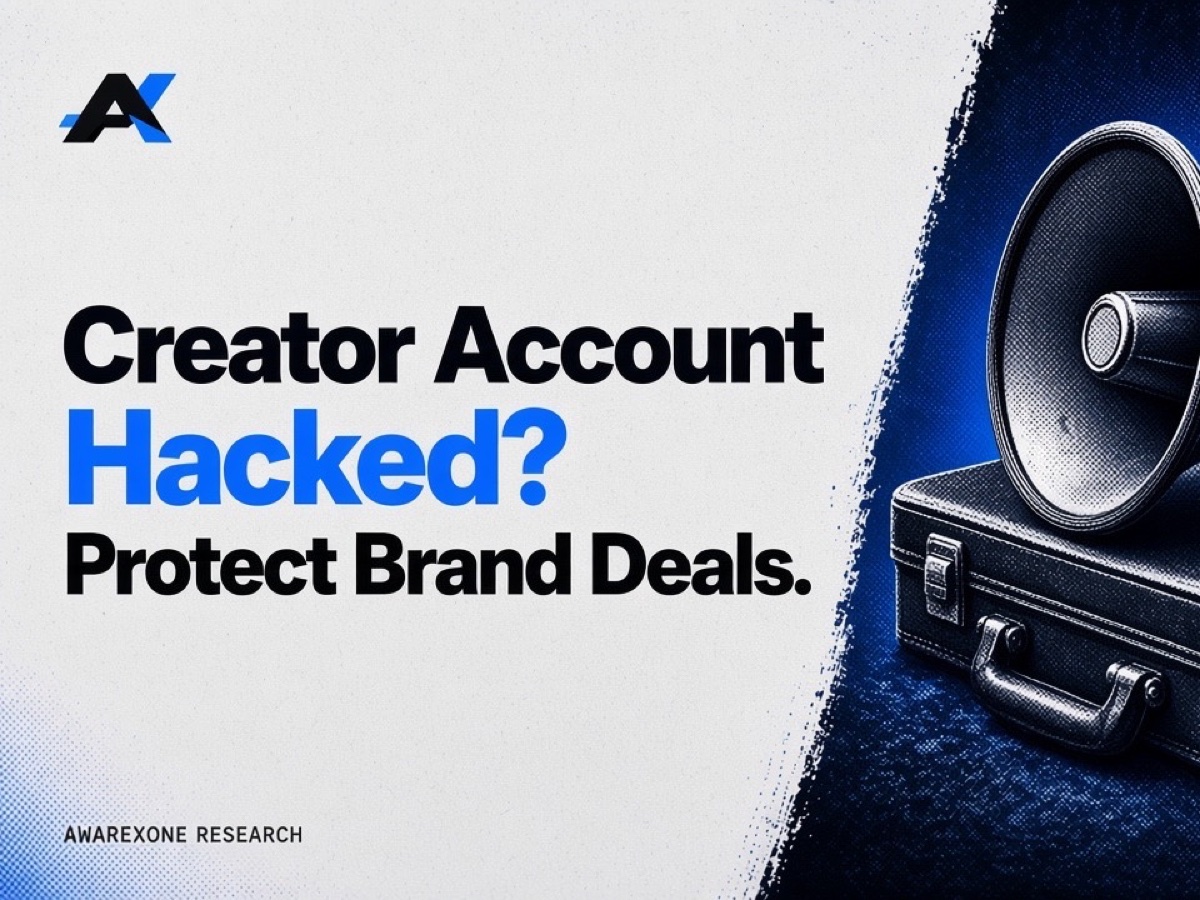 A megaphone resting on a closed briefcase in blue halftone, beside the headline Creator Account Hacked? Protect Brand Deals.