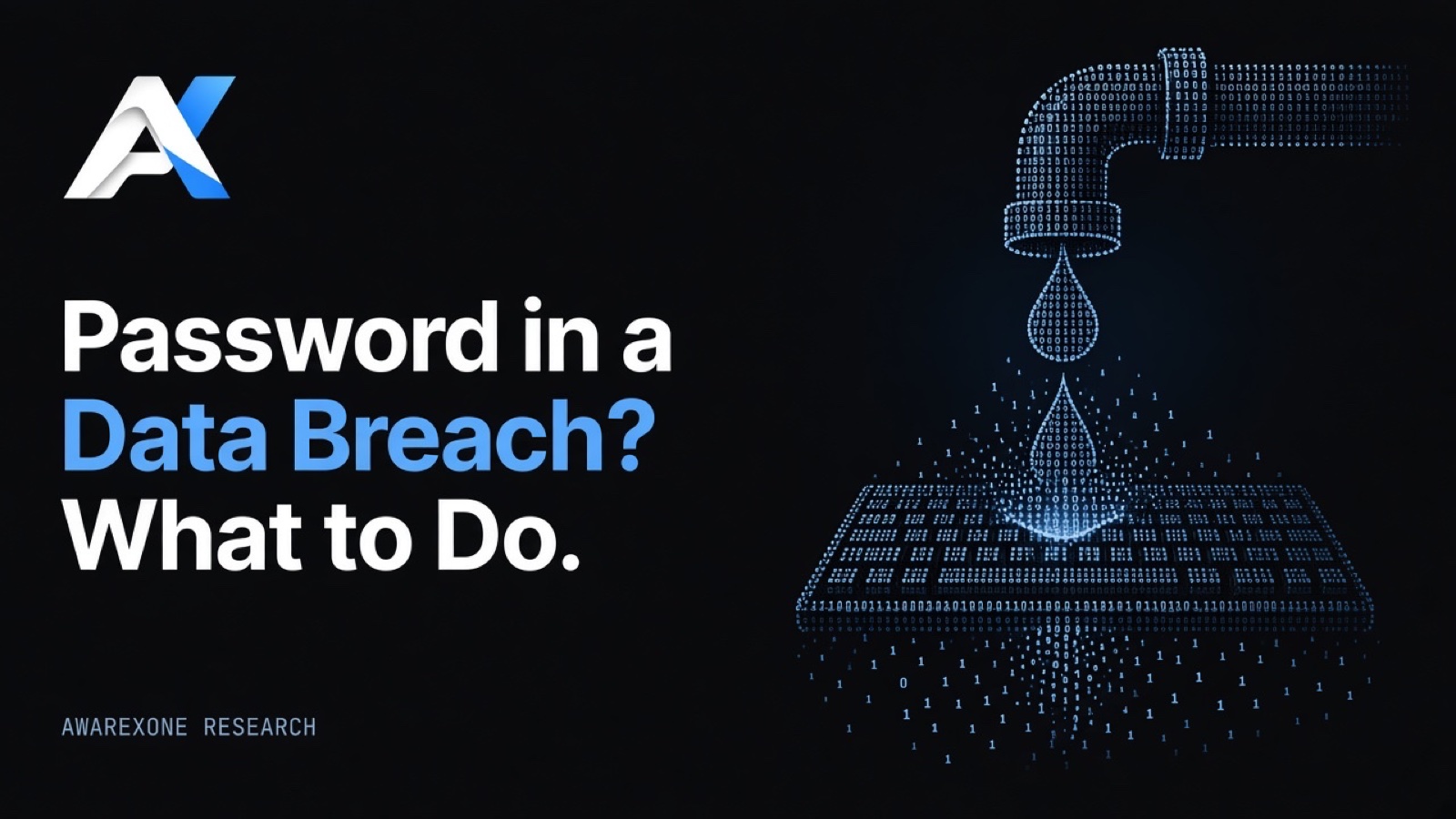 A leaking pipe dripping drops onto a keyboard, drawn in blue binary digits on a dark background, beside the headline Password in a Data Breach? What to Do.