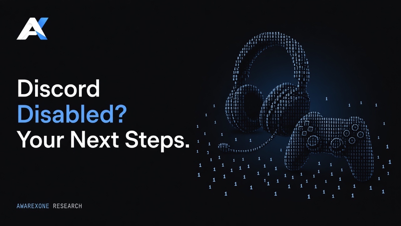 A gaming headset beside a game controller drawn in blue binary digits on a dark background, beside the headline Discord Disabled? Your Next Steps.