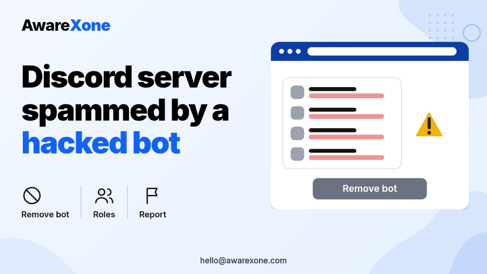 Flat illustration of a Discord server channel flooded with spam messages from a hacked bot, with a warning sign.
