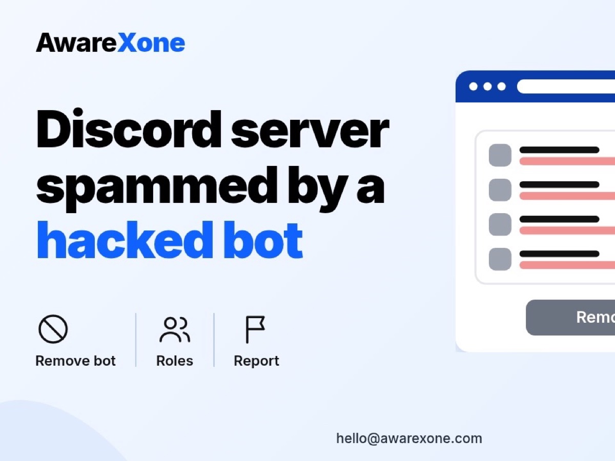Flat illustration of a Discord server channel flooded with spam messages from a hacked bot, with a warning sign.