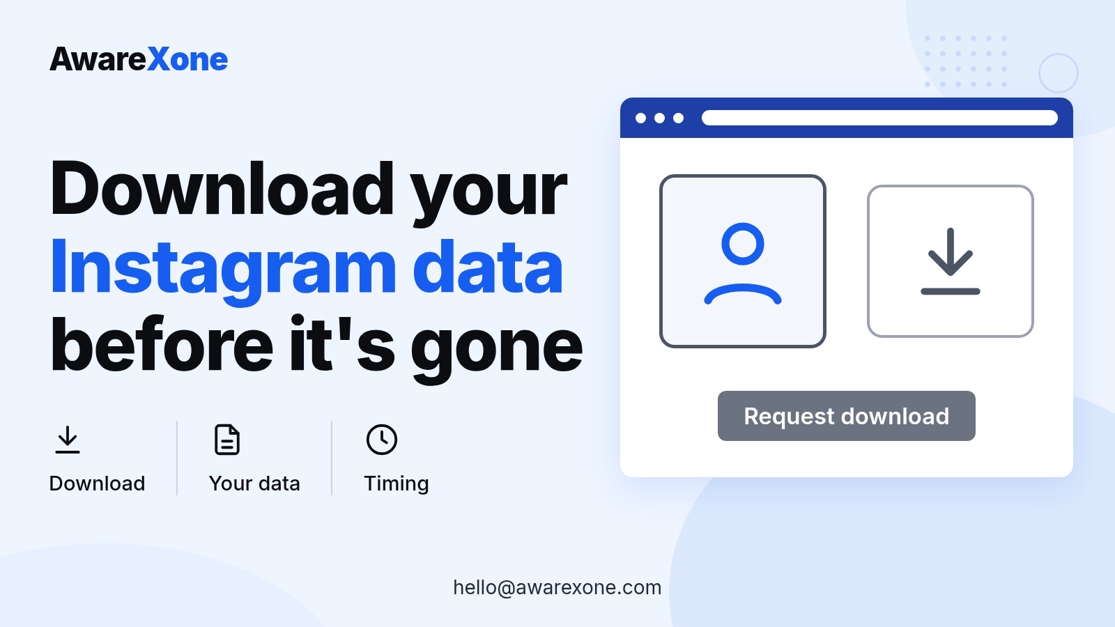 Cover card showing a profile and a download arrow, for saving your Instagram data before a disable.