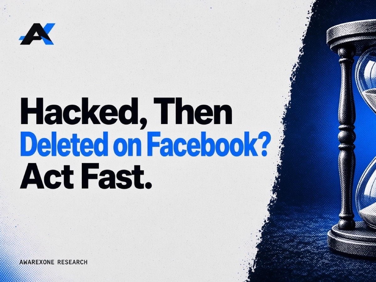 An hourglass with sand running down in blue halftone, beside the headline Hacked, Then Deleted on Facebook? Act Fast.