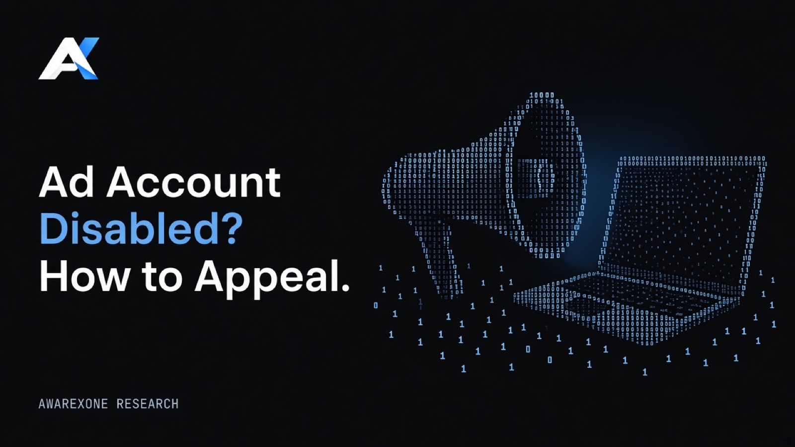A megaphone beside an open laptop drawn in blue binary digits on a dark background, beside the headline Ad Account Disabled? How to Appeal.