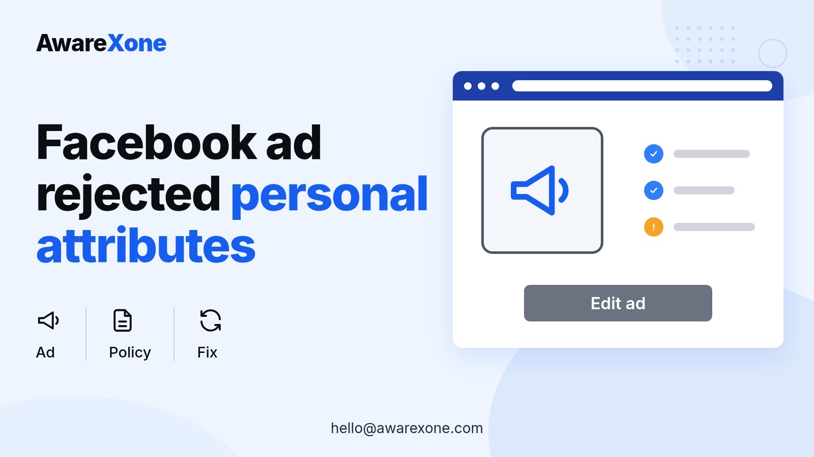 Cover card with an ad megaphone and a review checklist, for fixing a personal attributes ad rejection.