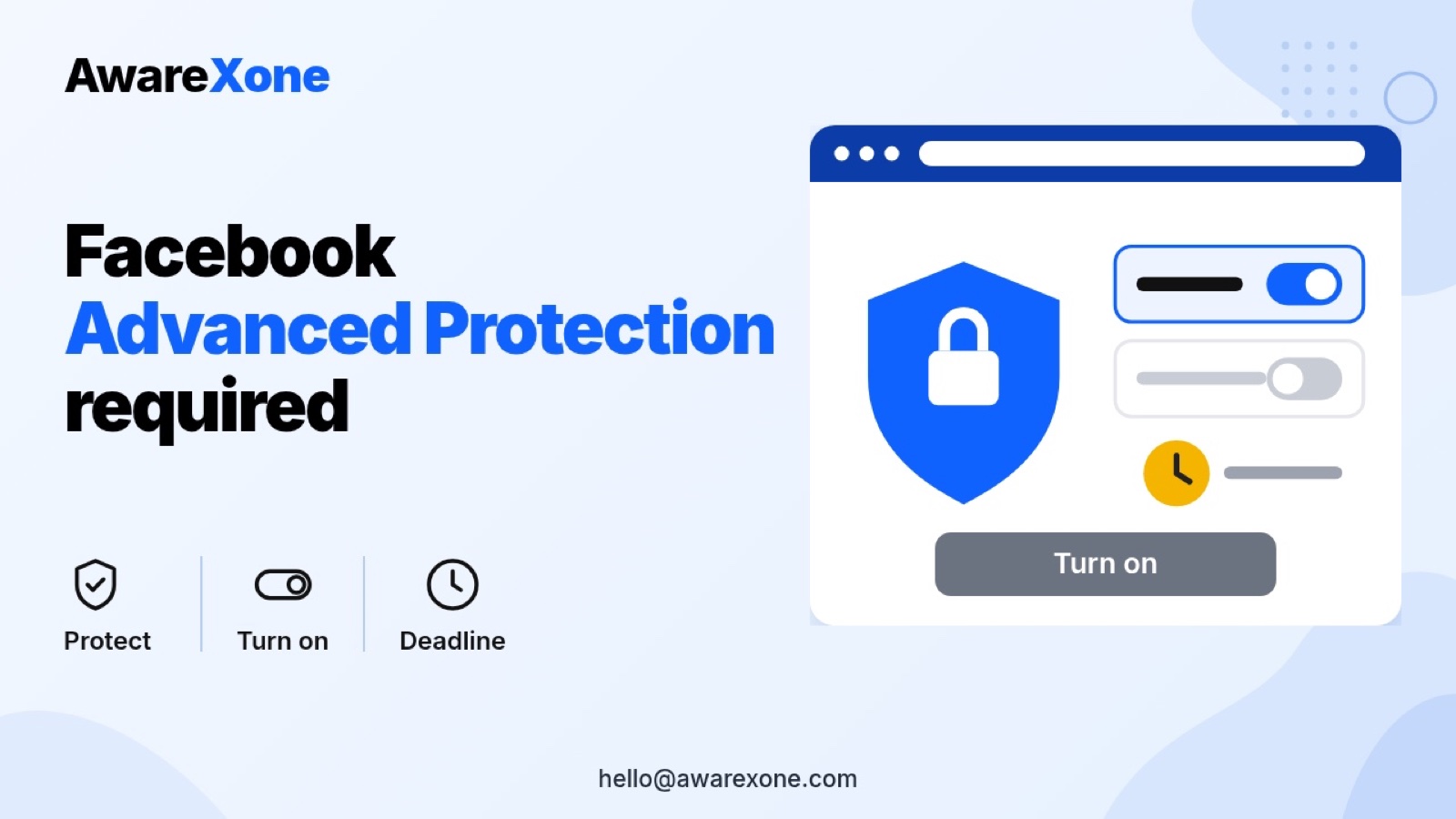 Flat illustration of a blue security shield and a settings toggle being turned on, showing Facebook Advanced Protection required to avoid being locked out.
