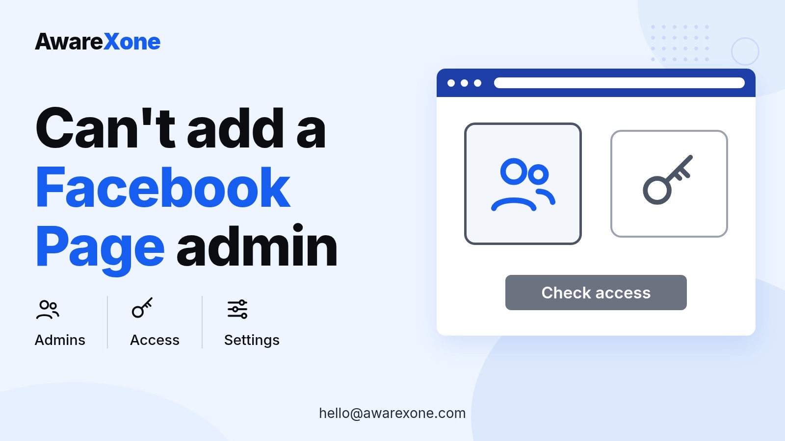 Cover card with two people and a key icon, for when you can't add an admin to a Facebook Page.