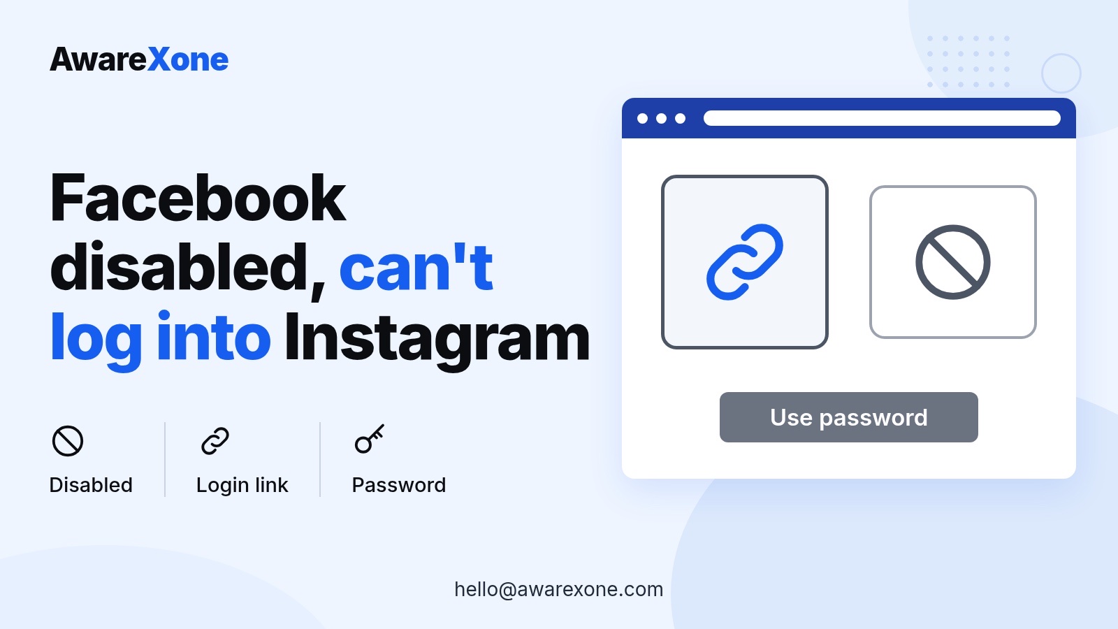 Cover card with a broken login link icon, for getting into Instagram after Facebook login stops working.