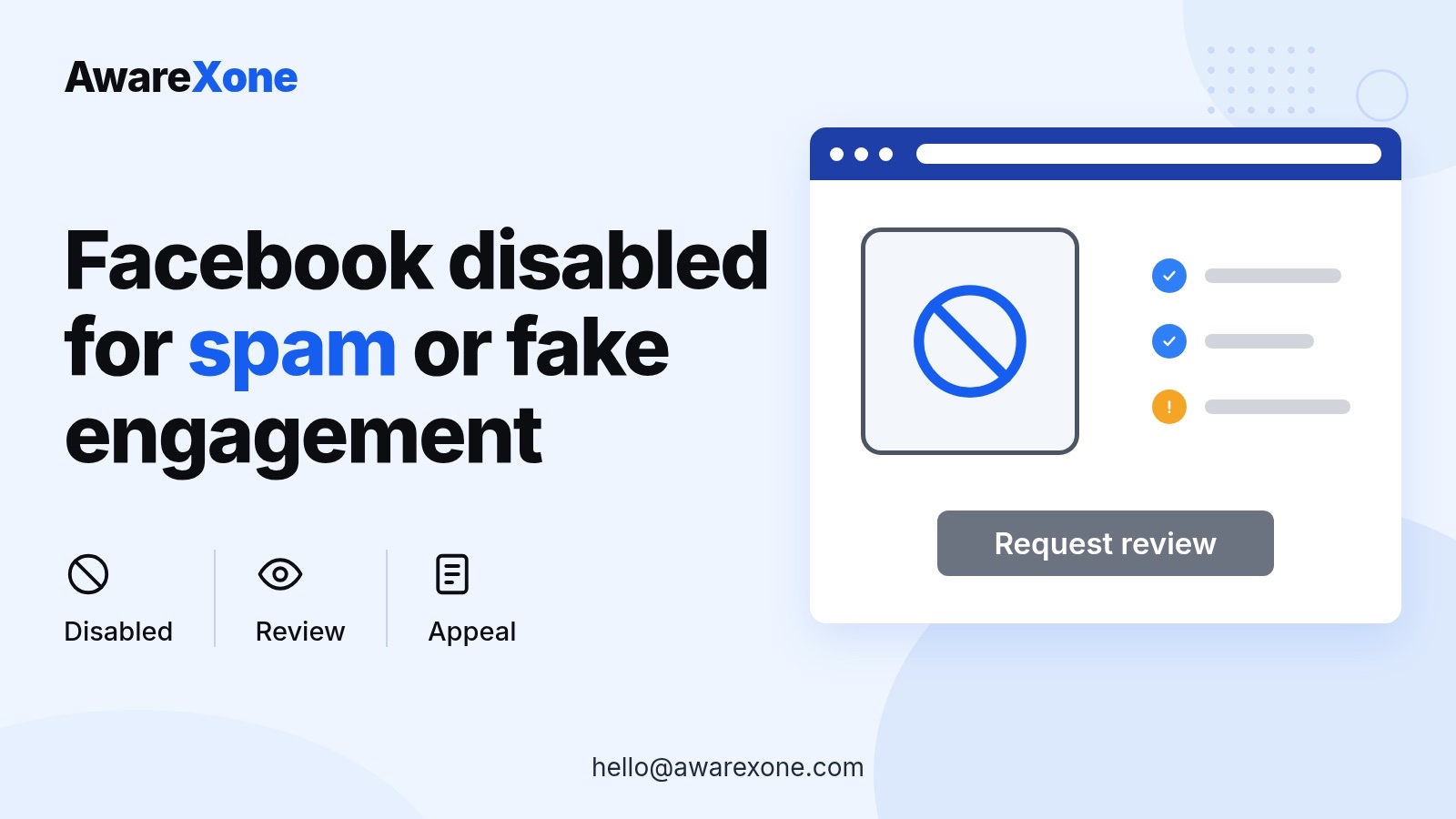 Cover card with a disabled sign and status checklist, for Facebook accounts disabled for spam.