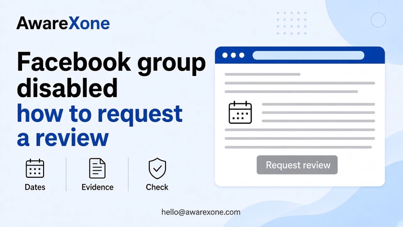 A group admin looks at a laptop showing a disabled group notice with a calendar beside it, after searching facebook group disabled request review 30 days.