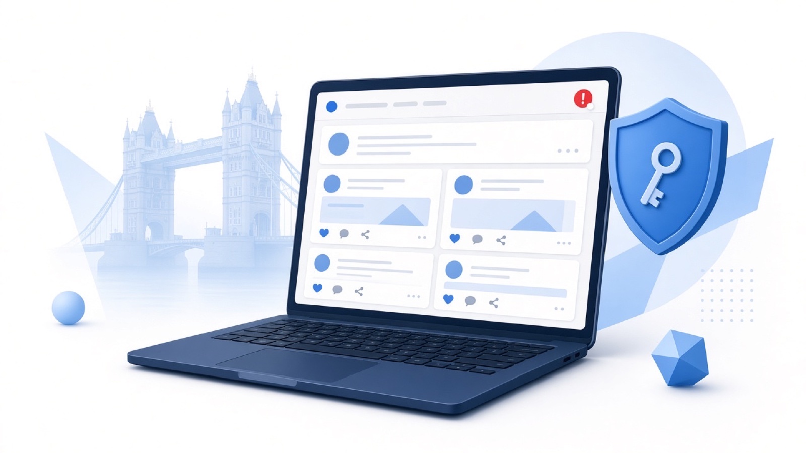 Abstract blue geometric illustration on white for Facebook Hacked in the UK? Recovery & Reporting Guide.