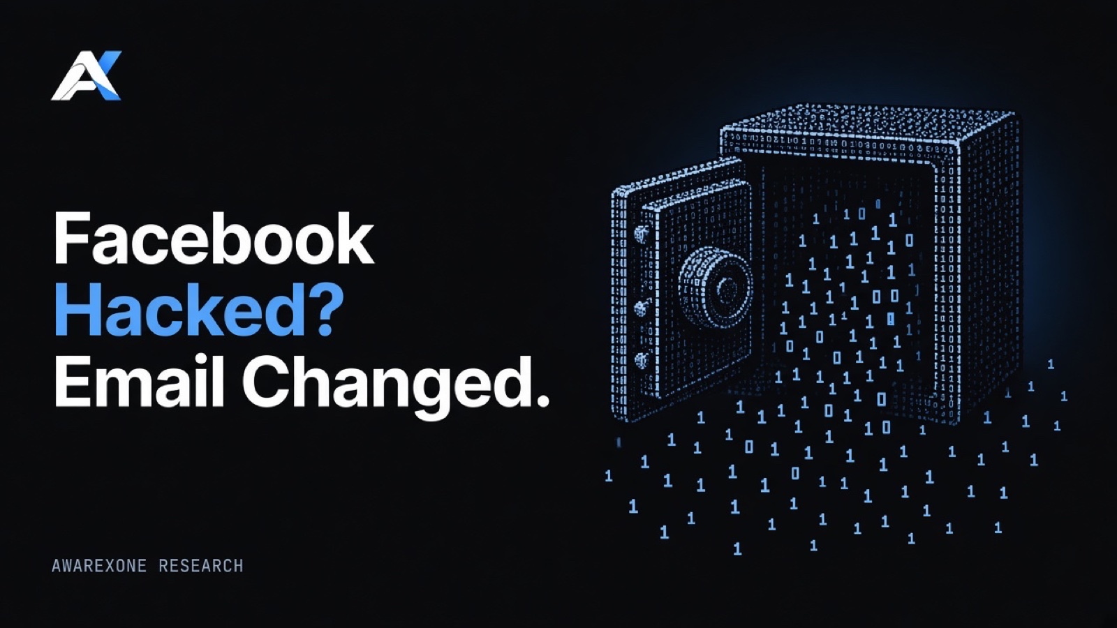 A small safe with its door hanging open drawn in blue binary digits on a dark background, beside the headline Facebook Hacked? Email Changed.