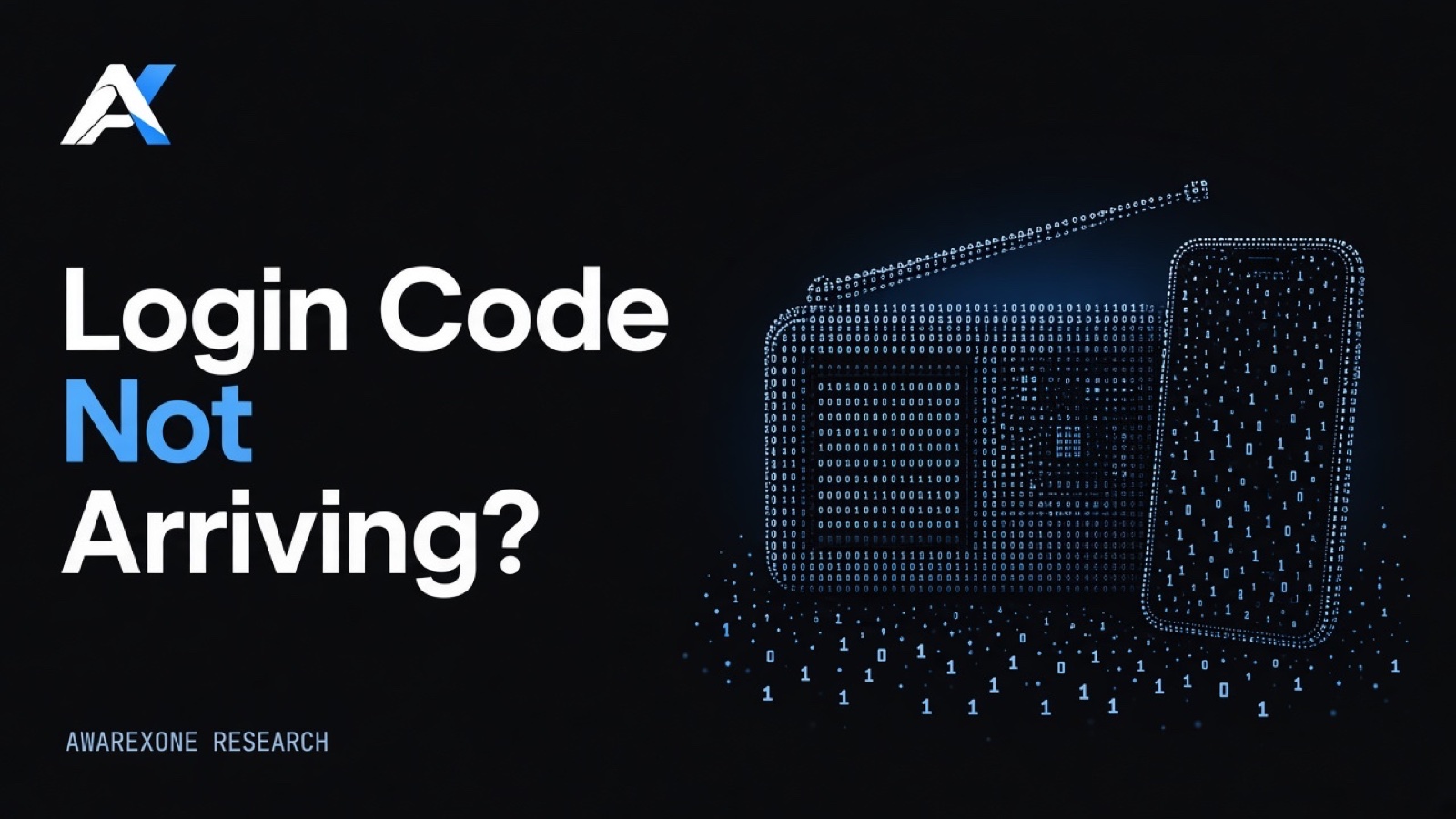 A vintage radio with a tall antenna beside a smartphone drawn in blue binary digits on a dark background, beside the headline Login Code Not Arriving?