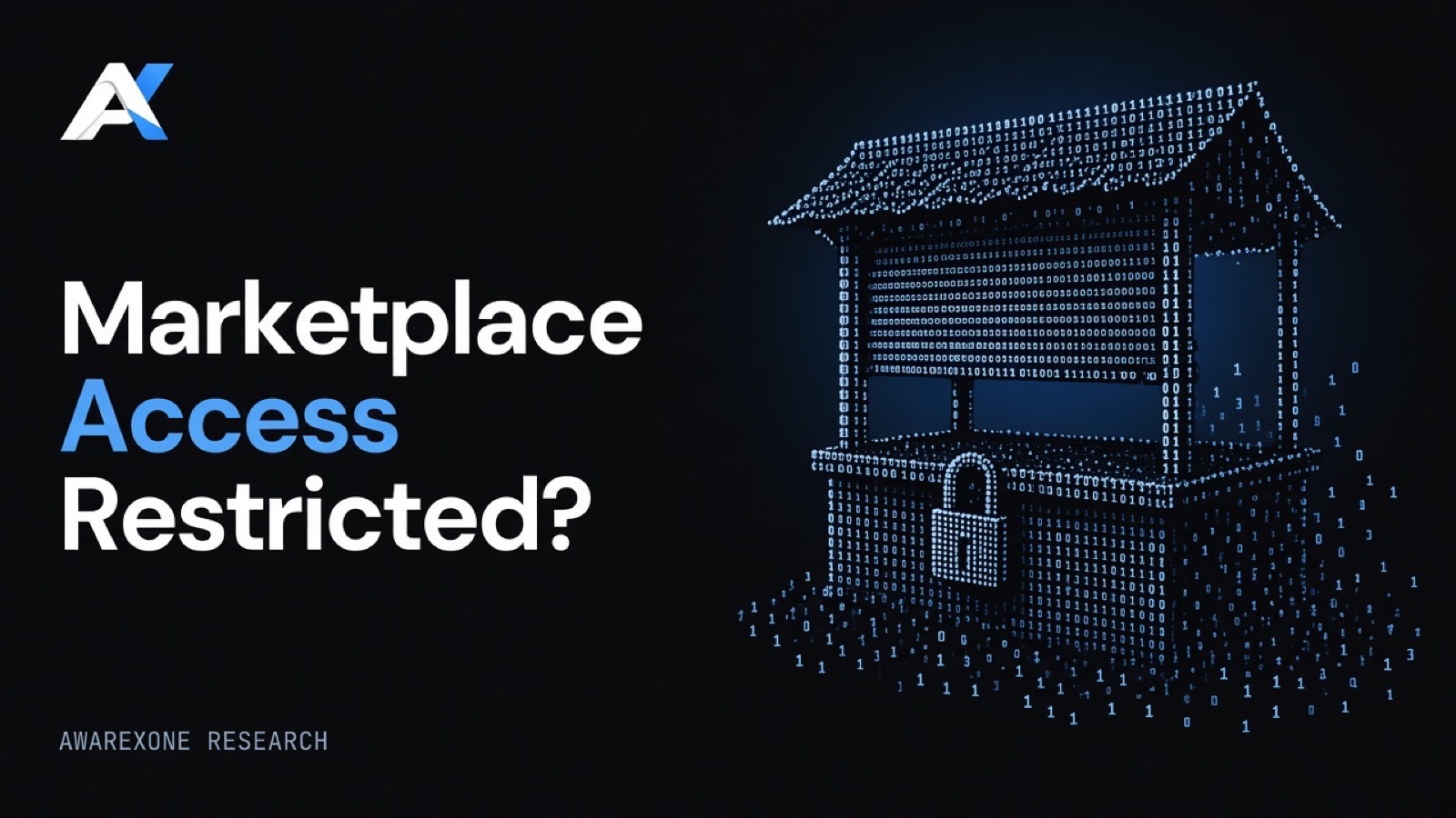 A roofed market stall with a padlock hanging on its counter drawn in blue binary digits on a dark background, beside the headline Marketplace Access Restricted?