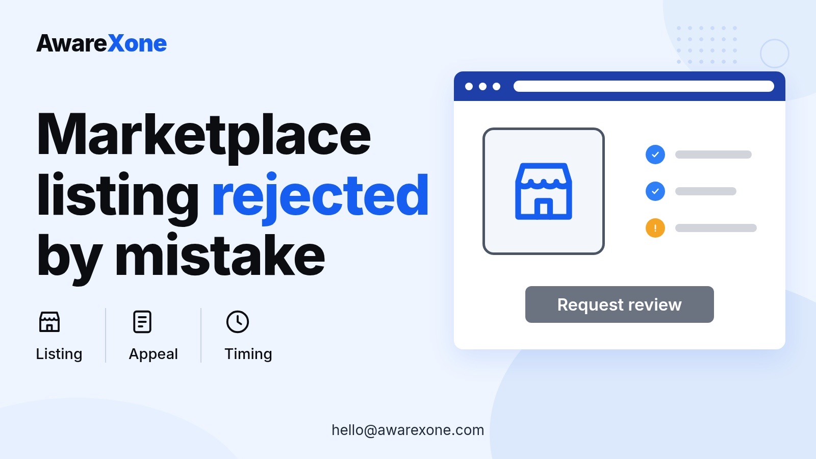 Cover card with a shop listing and checklist, for appealing a wrongly rejected Marketplace listing.