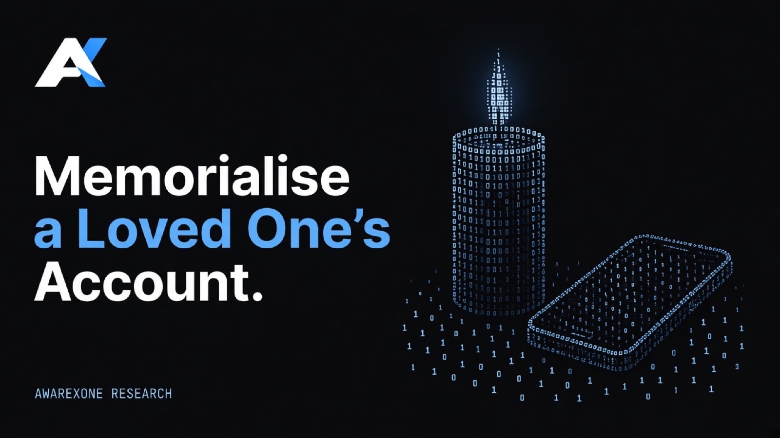 A single lit candle beside a smartphone lying face down drawn in blue binary digits on a dark background, beside the headline Memorialise a Loved One's Account.