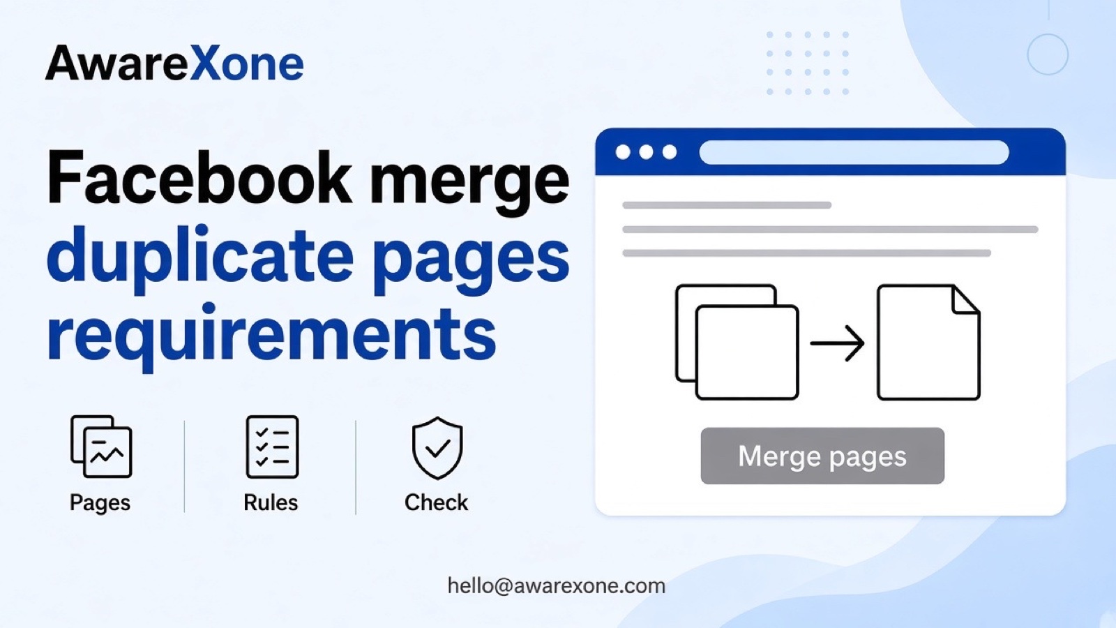 A shop owner compares two Facebook Page screens on a laptop at the counter, after searching facebook merge duplicate pages requirements name change.