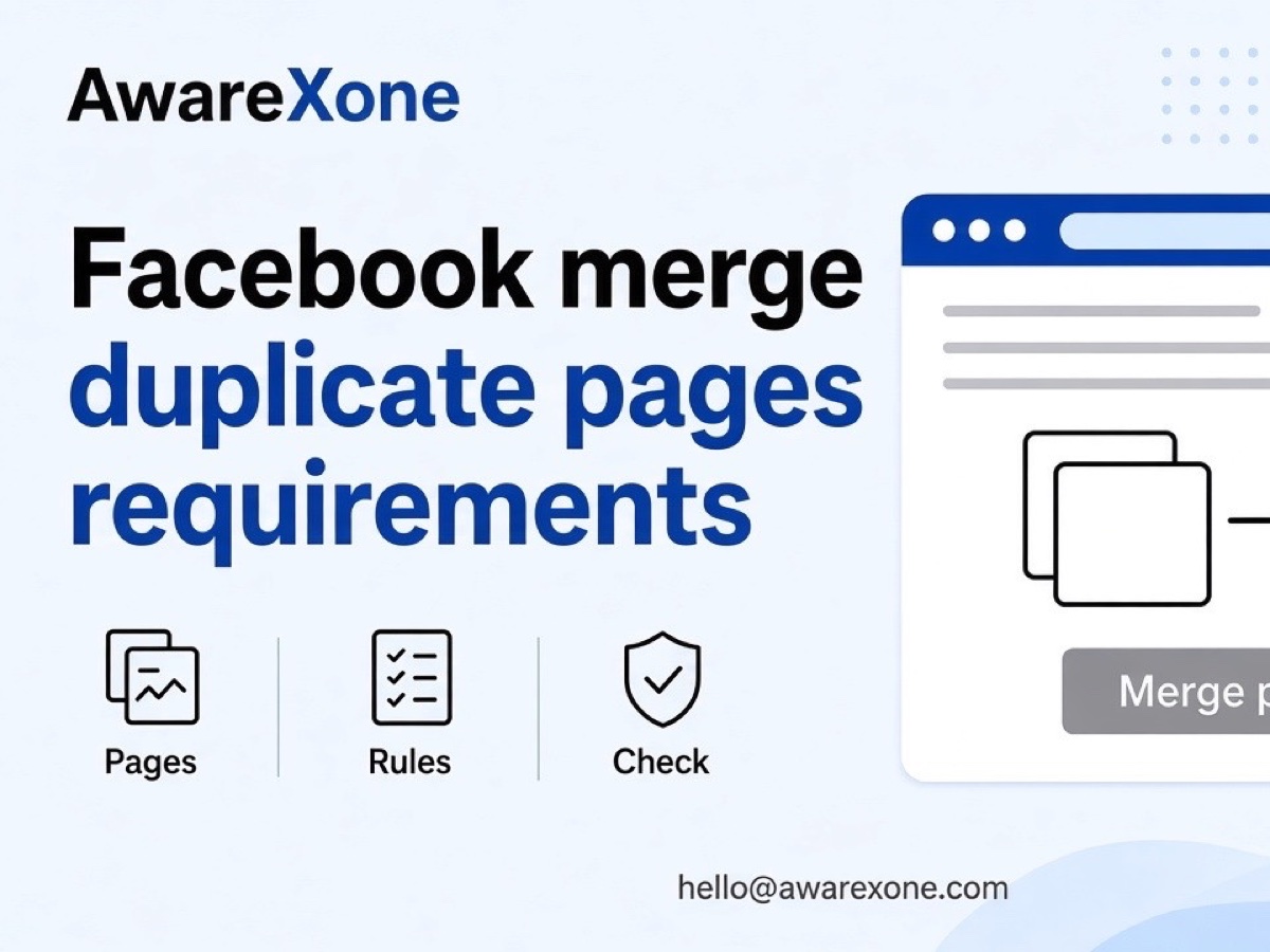 A shop owner compares two Facebook Page screens on a laptop at the counter, after searching facebook merge duplicate pages requirements name change.