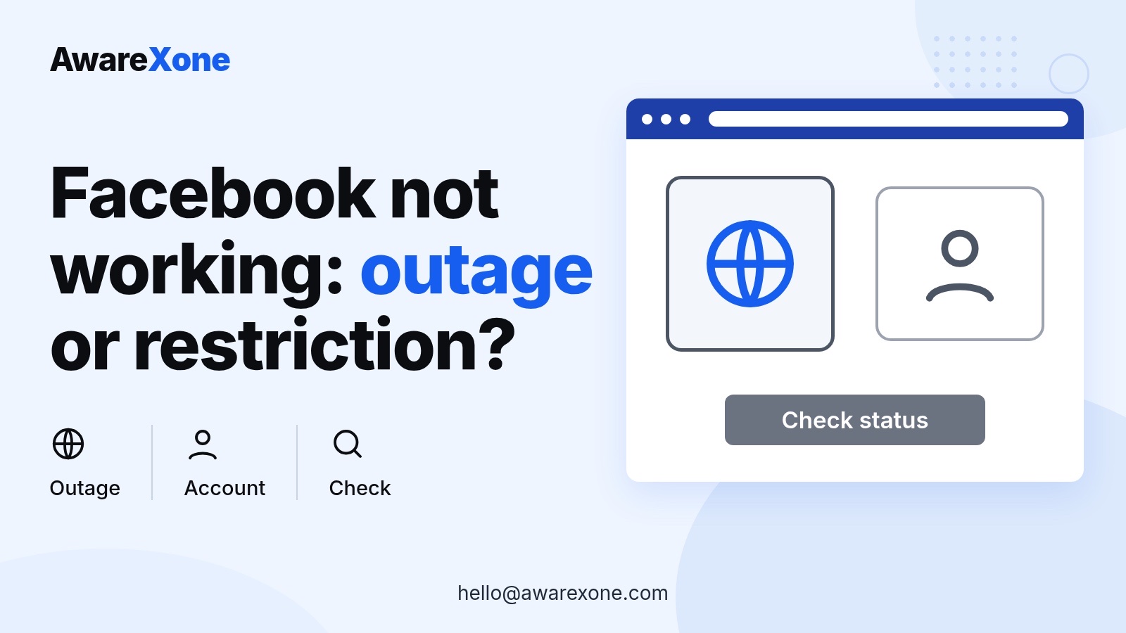 Cover card with a globe and profile icon, for telling a Facebook outage from an account restriction.