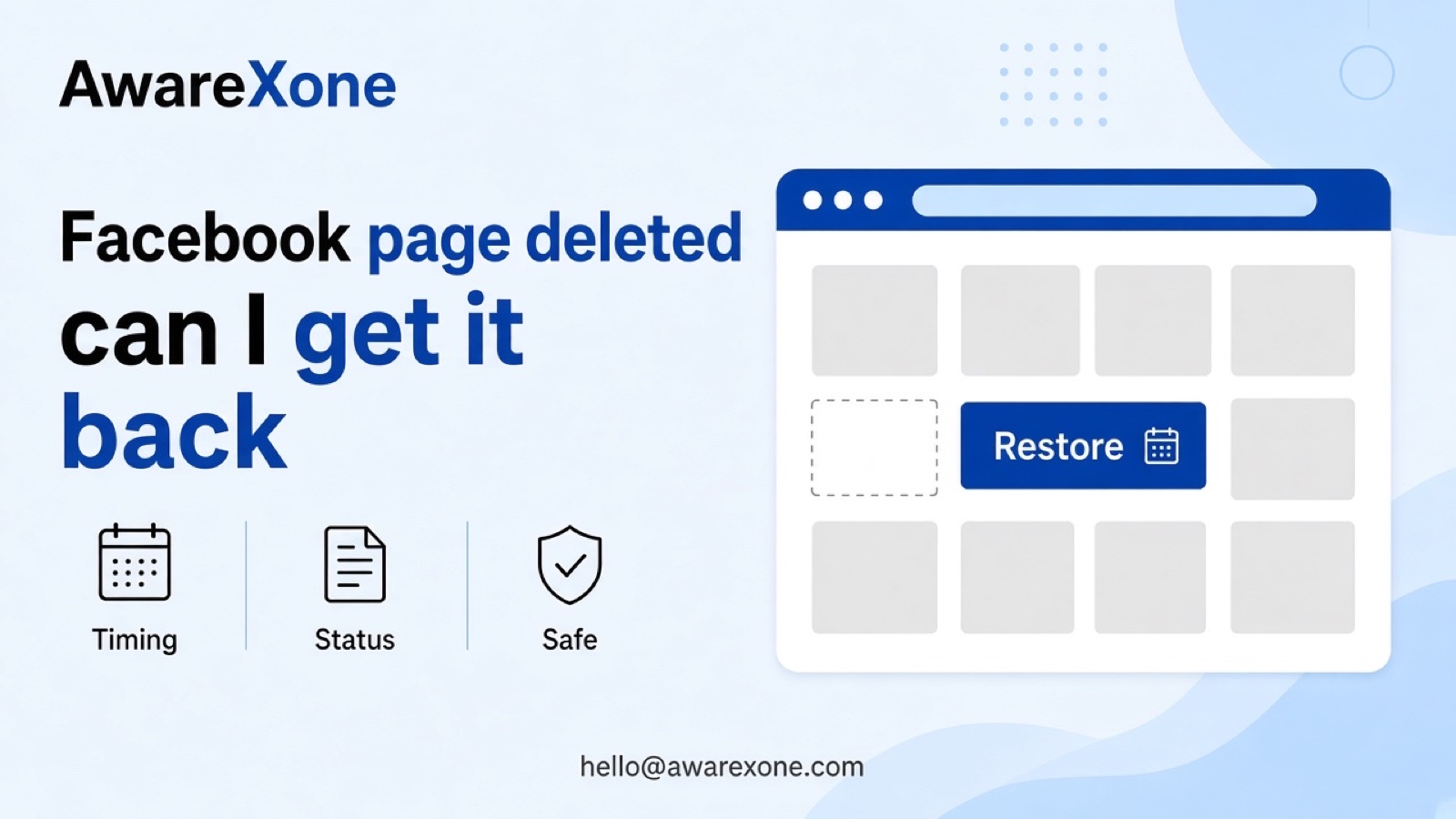 A business owner looks at a laptop showing an empty Pages list next to a calendar with a two week gap marked, after searching facebook page deleted can i get it back.