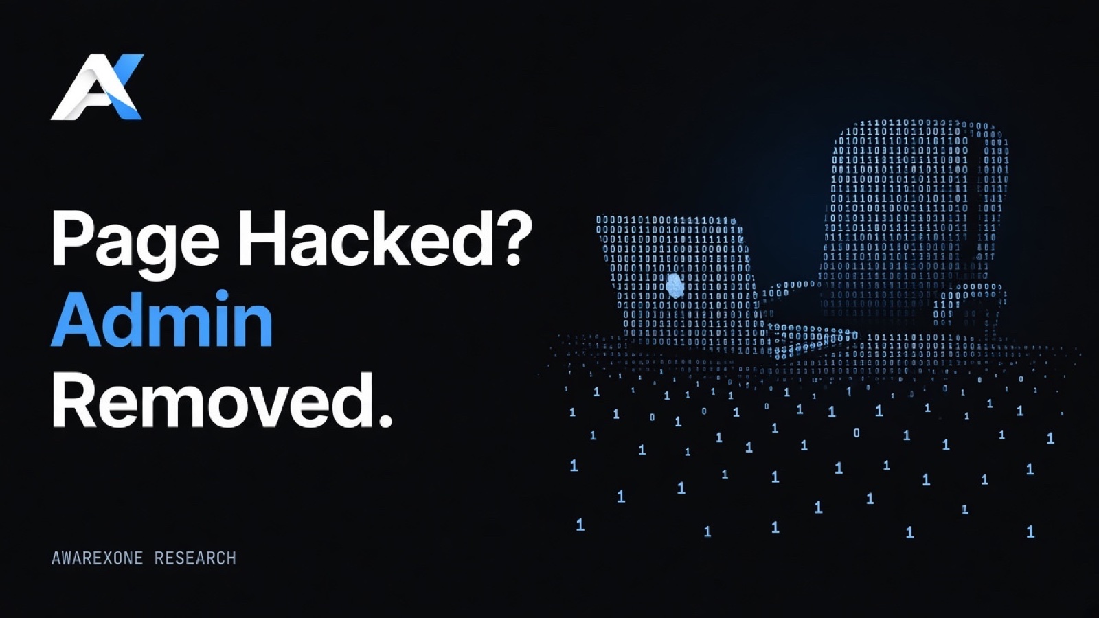 An empty office chair behind a desk with a laptop drawn in blue binary digits on a dark background, beside the headline Page Hacked? Admin Removed.