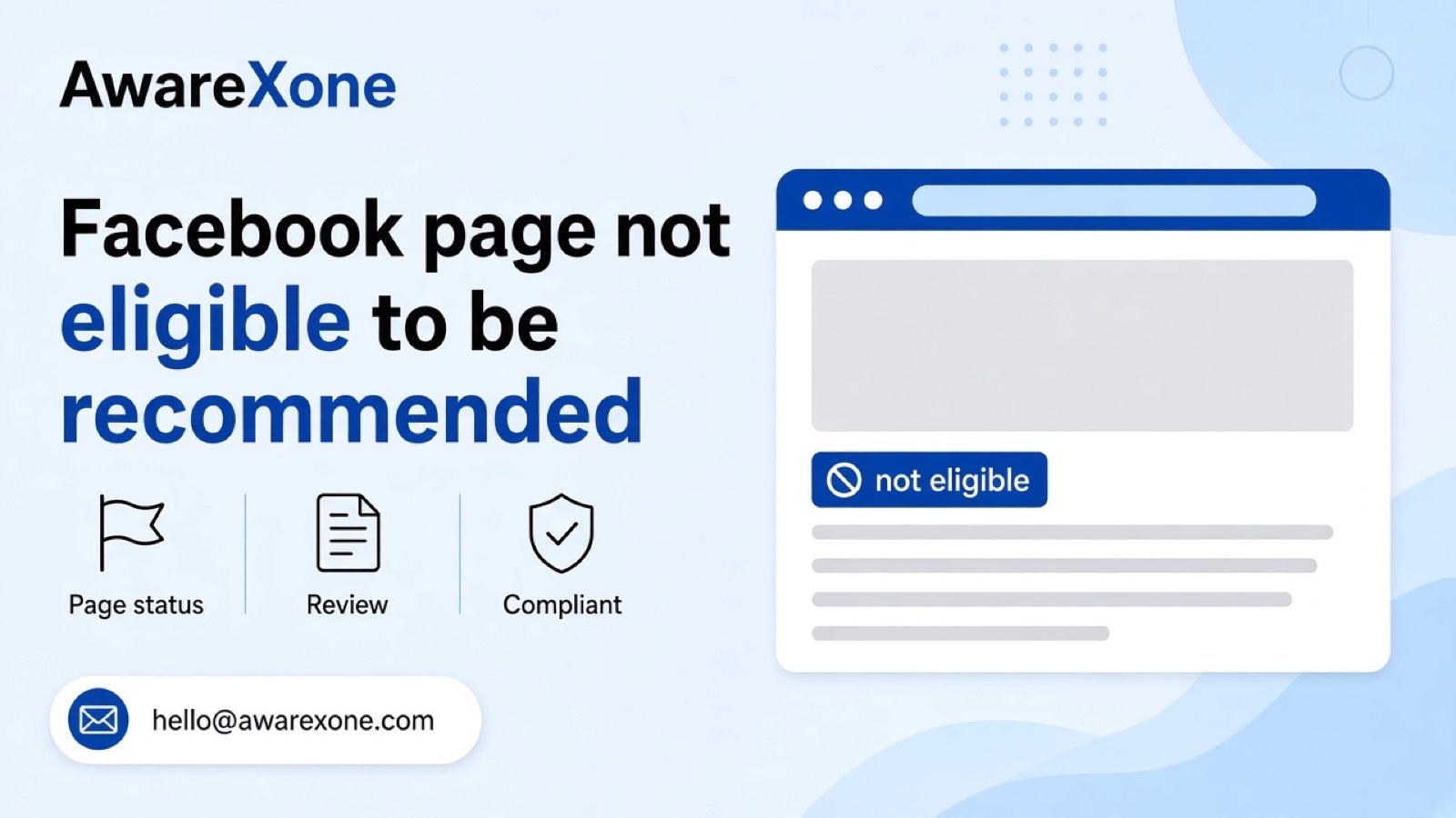A small business owner studies the Page status screen on her laptop after searching facebook page not eligible to be recommended, with a notebook of her recent posts beside her.