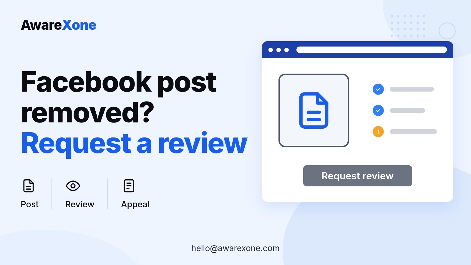 Cover card with a removed post and review checklist, for asking Facebook to review a removed post.