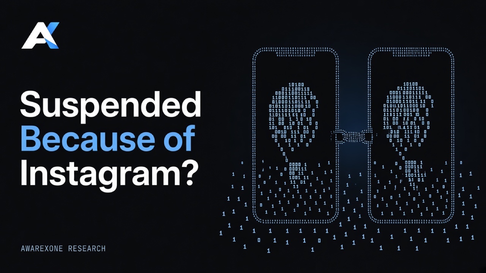 Two smartphones side by side joined by a short chain, drawn in blue binary digits on a dark background, beside the headline Suspended Because of Instagram?