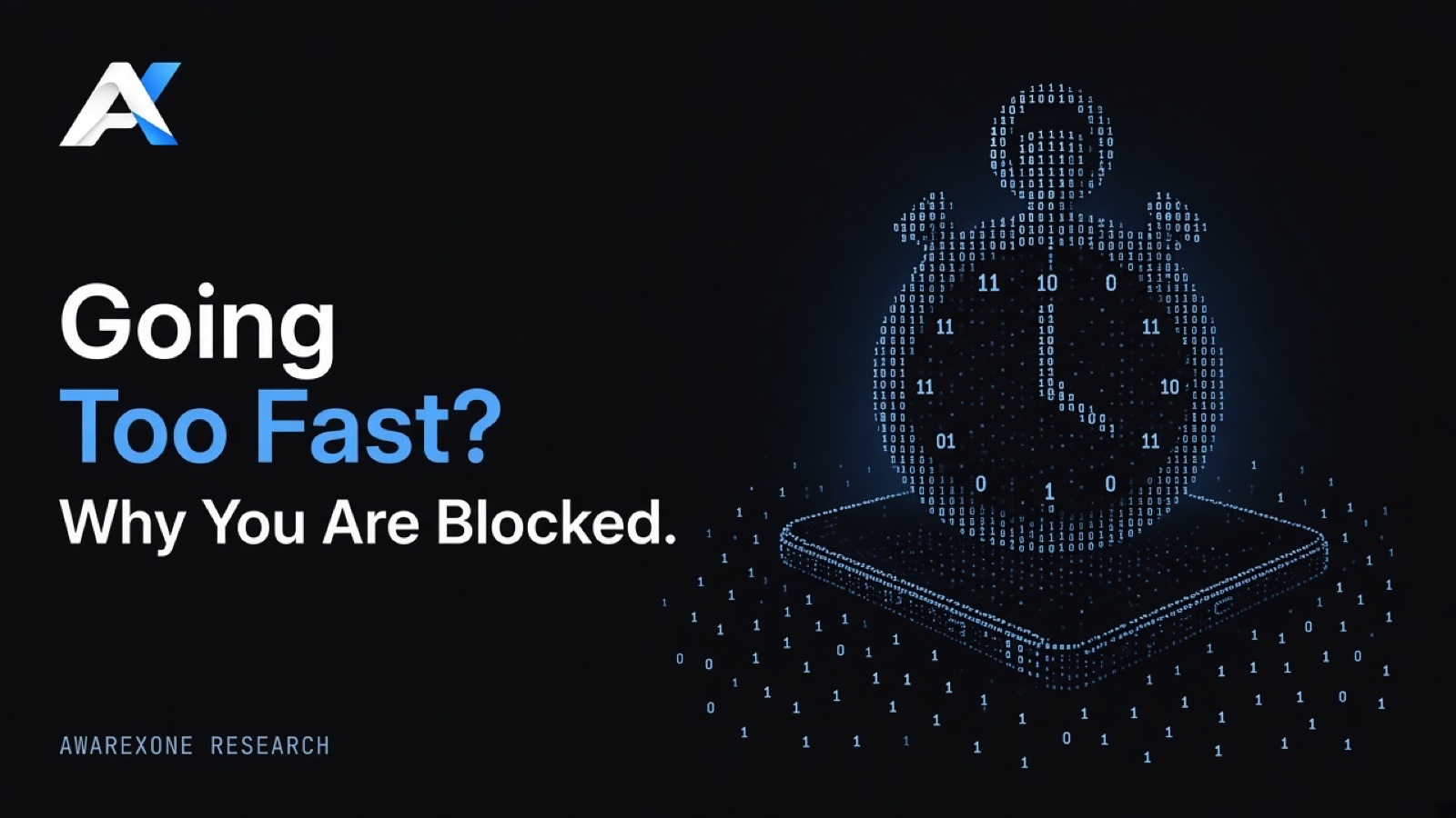 A stopwatch standing on a smartphone lying flat, drawn in blue binary digits on a dark background, beside the headline Going Too Fast? Why You Are Blocked.