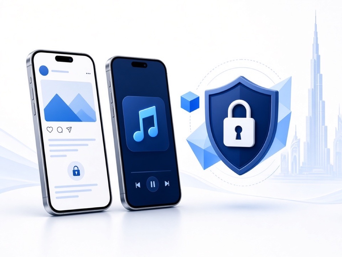 Abstract blue geometric illustration on white for Facebook or TikTok Hacked in the UAE? What to Do.