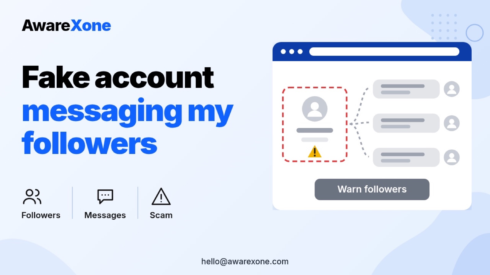 Flat illustration of a fake account messaging my followers with scam messages while pretending to be me, with a warning sign on the fake profile.