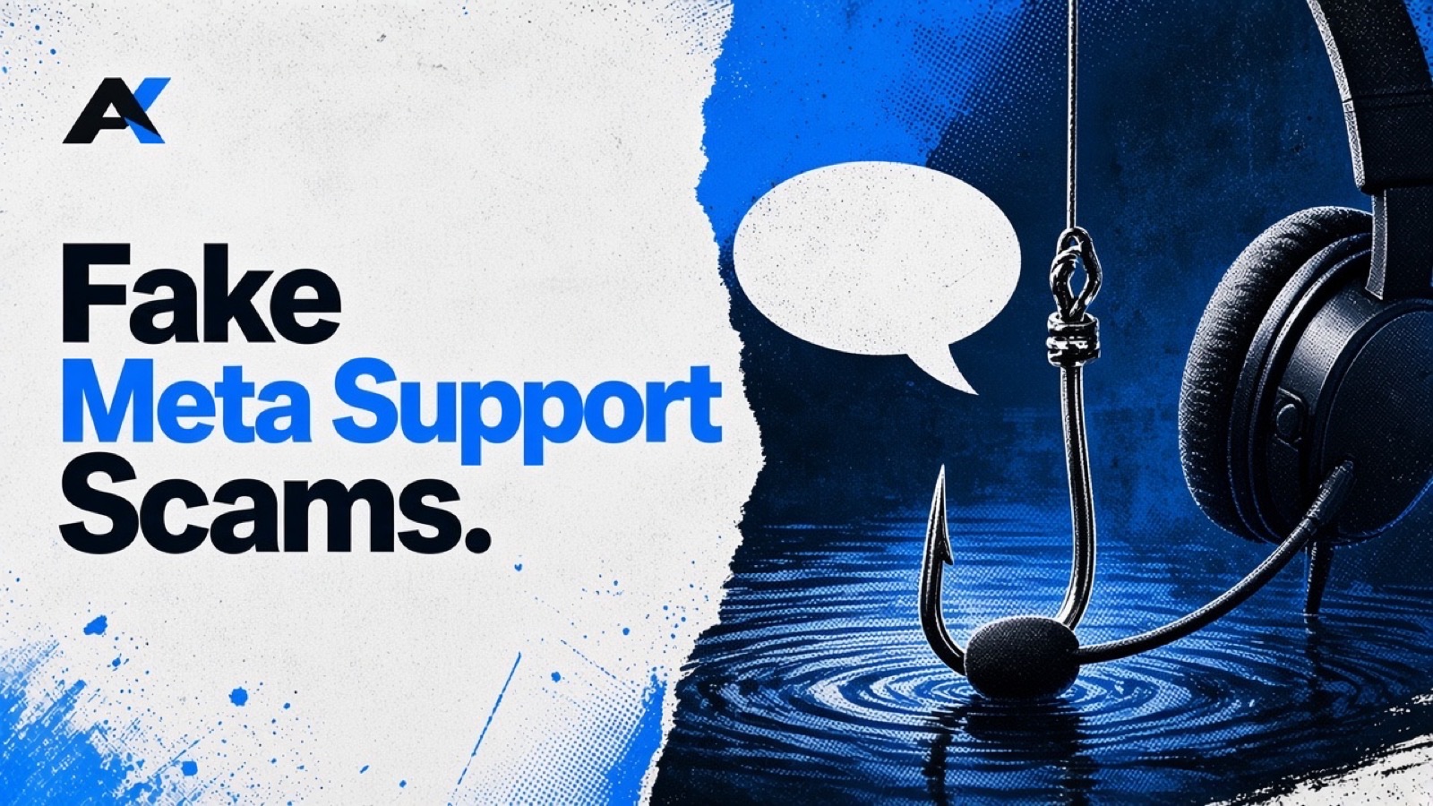 A support headset and a blank speech bubble hanging from a fishing hook over dark water, with the words Fake Meta Support Scams.