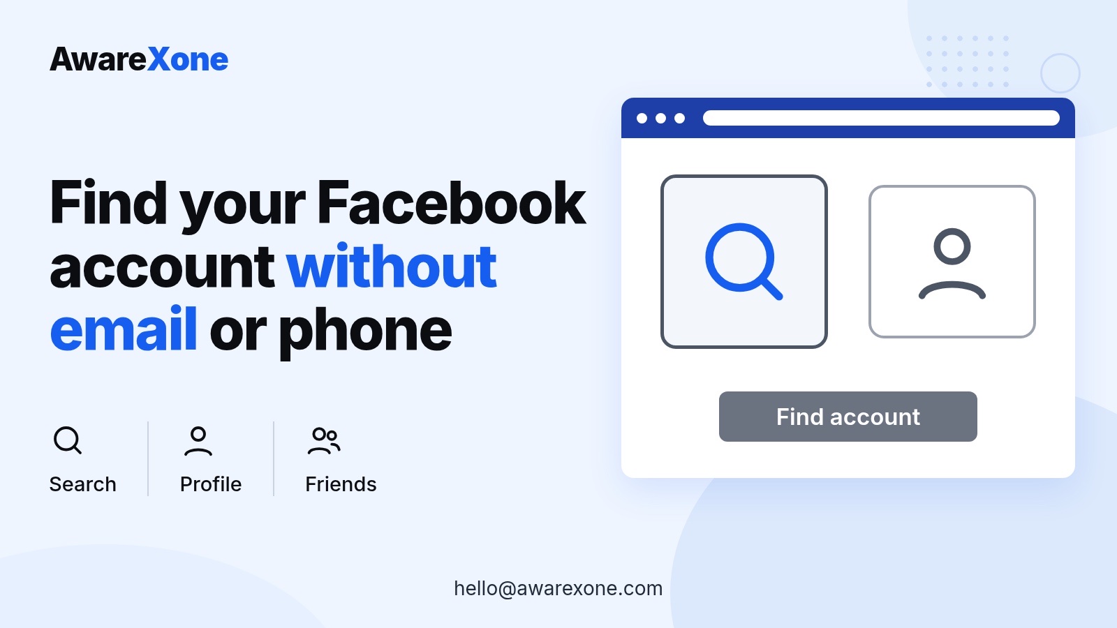 Cover card with a magnifier and profile icon, for finding a Facebook account without email or phone.