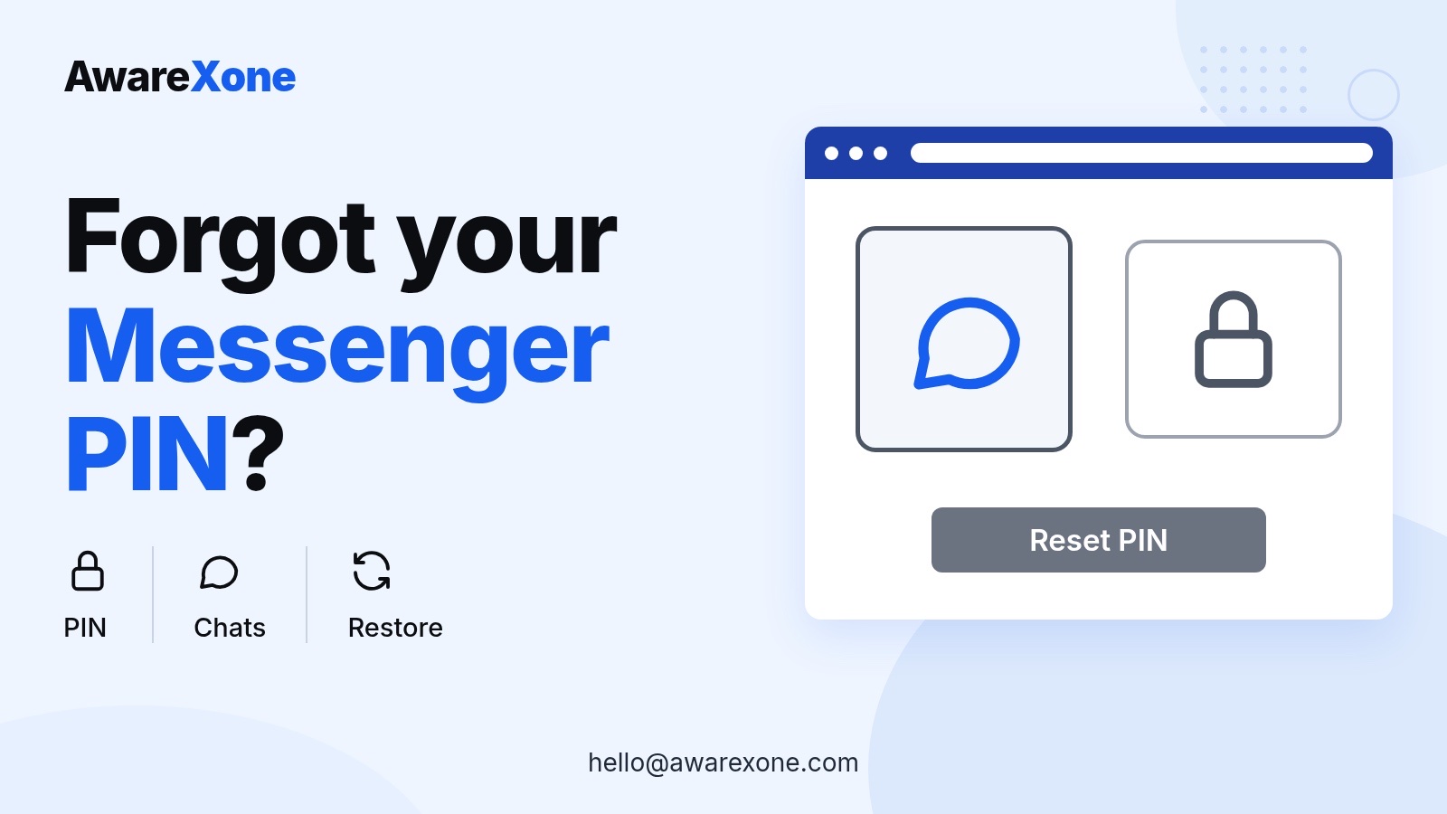 Cover card with a chat bubble and padlock, for restoring encrypted Messenger chats after a forgotten PIN.