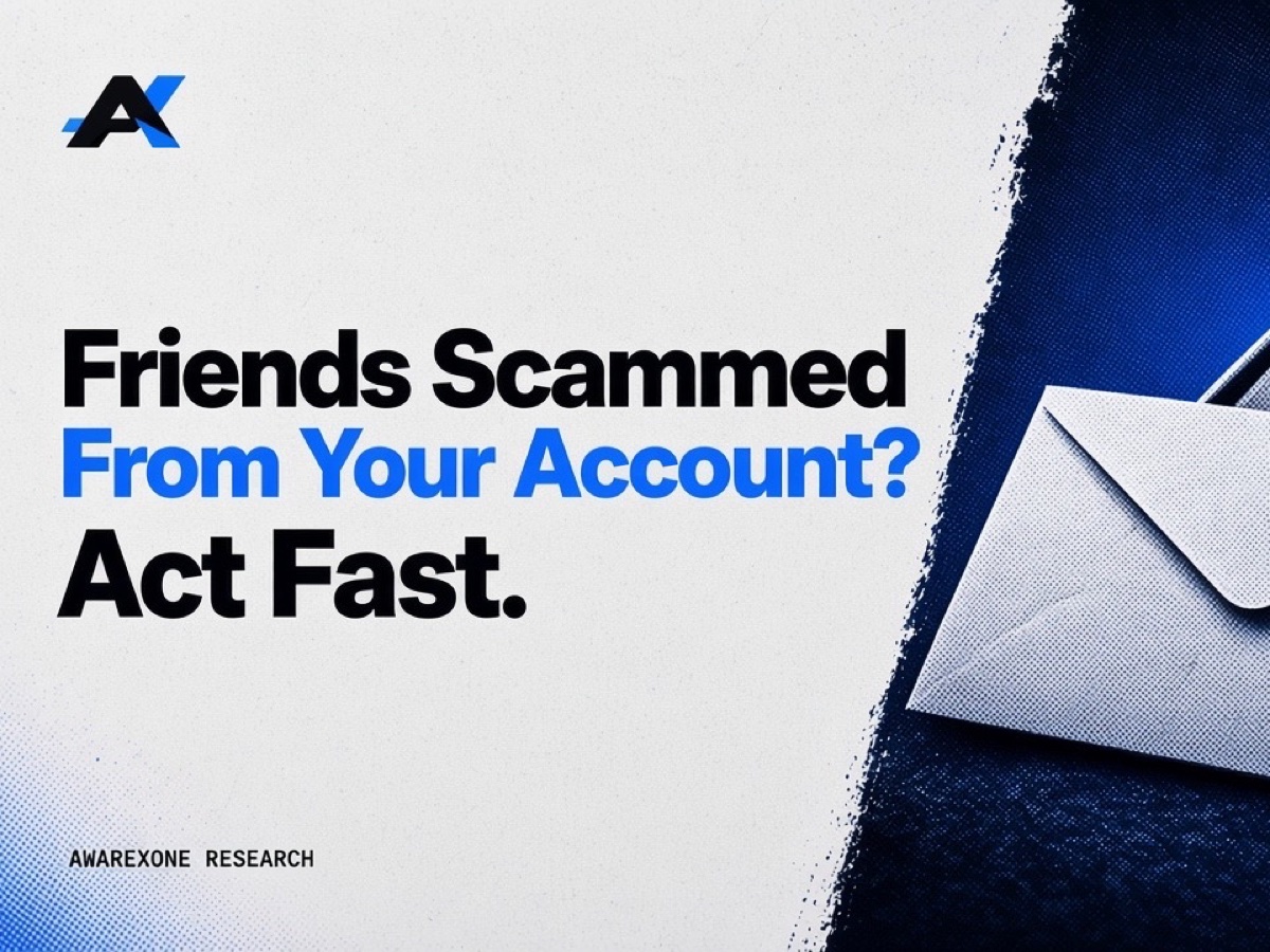 A paper envelope caught in a sprung mousetrap in blue halftone, beside the headline Friends Scammed From Your Account? Act Fast.