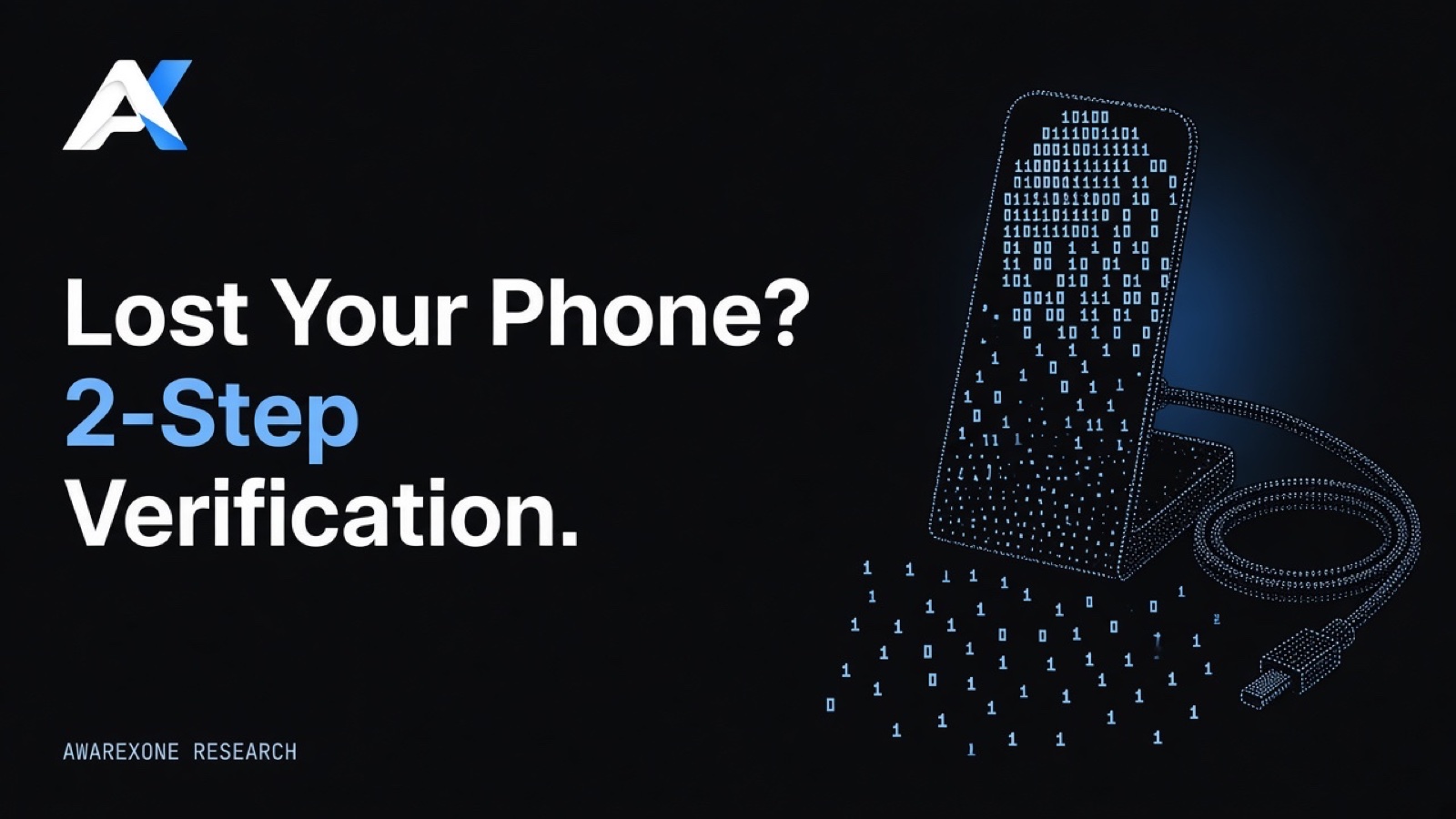 A phone charging stand with its cable coiled beside it drawn in blue binary digits on a dark background, beside the headline Lost Your Phone? 2-Step Verification.