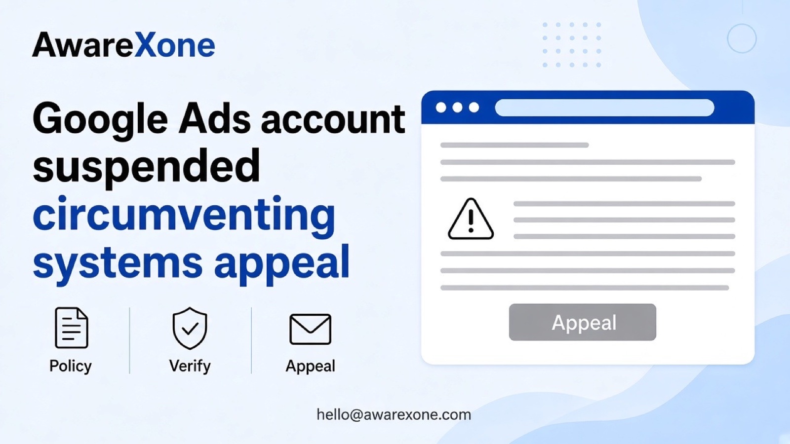 An advertiser studies a suspension notice on a laptop with notes beside it, after searching google ads account suspended circumventing systems appeal.