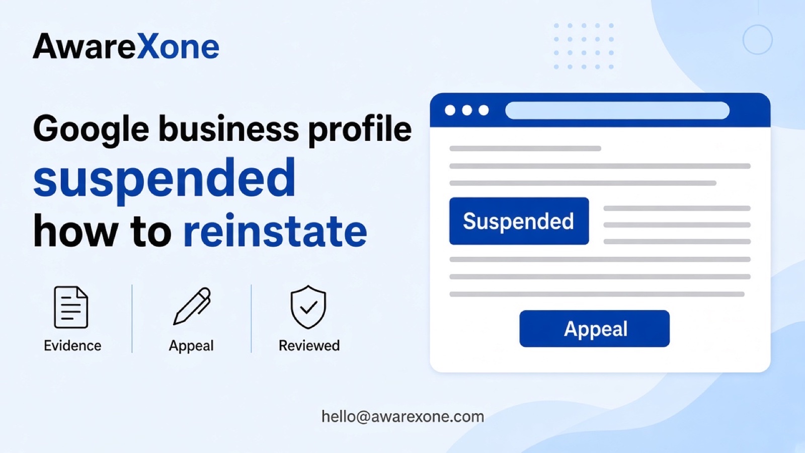 A shop owner reviews business documents beside a laptop showing a suspended listing after searching google business profile suspended how to reinstate, with a licence and a utility bill on the counter.