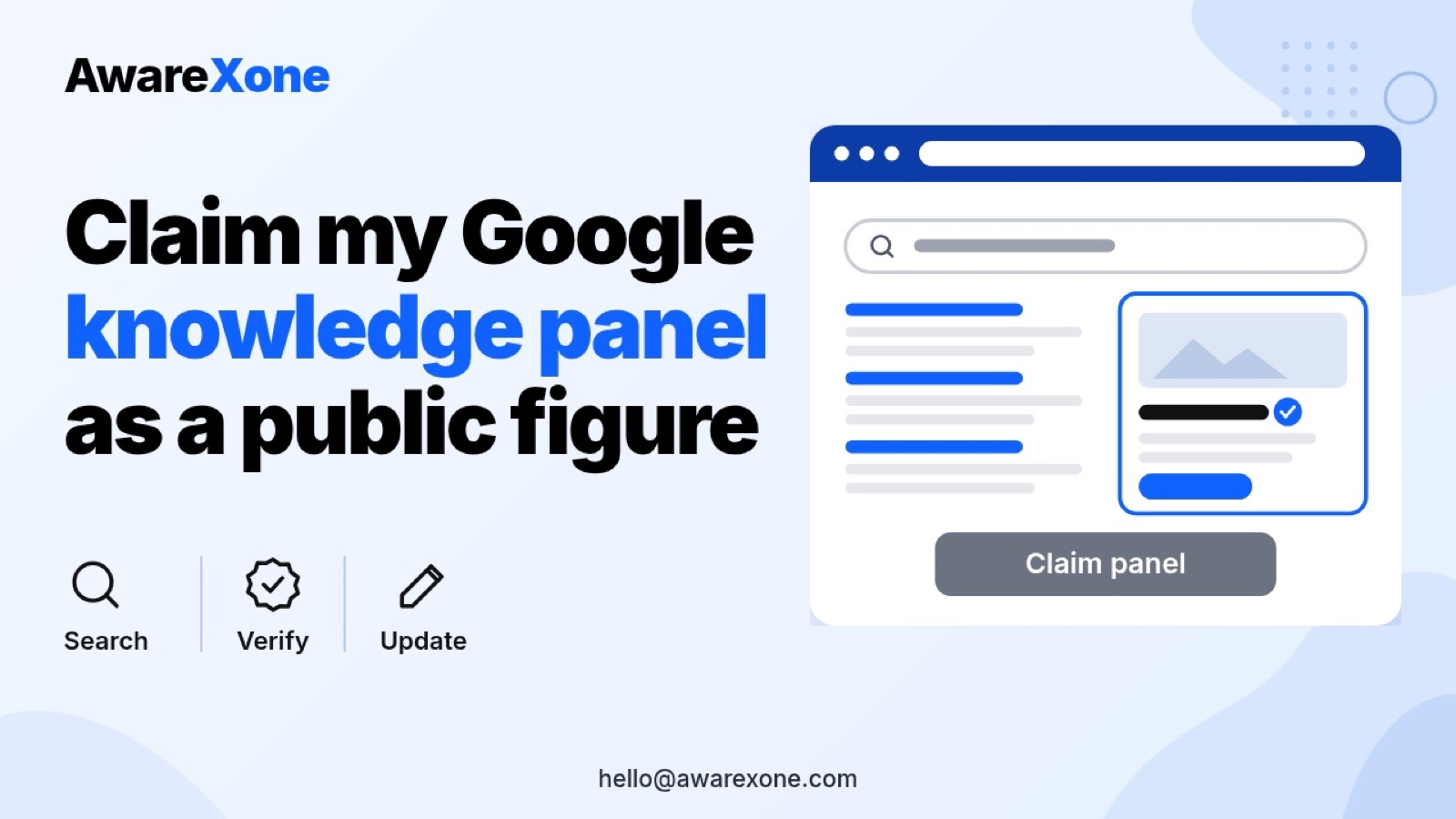 Flat illustration of a search results page with a verified side panel and claim button, showing how to claim my Google knowledge panel as a public figure.