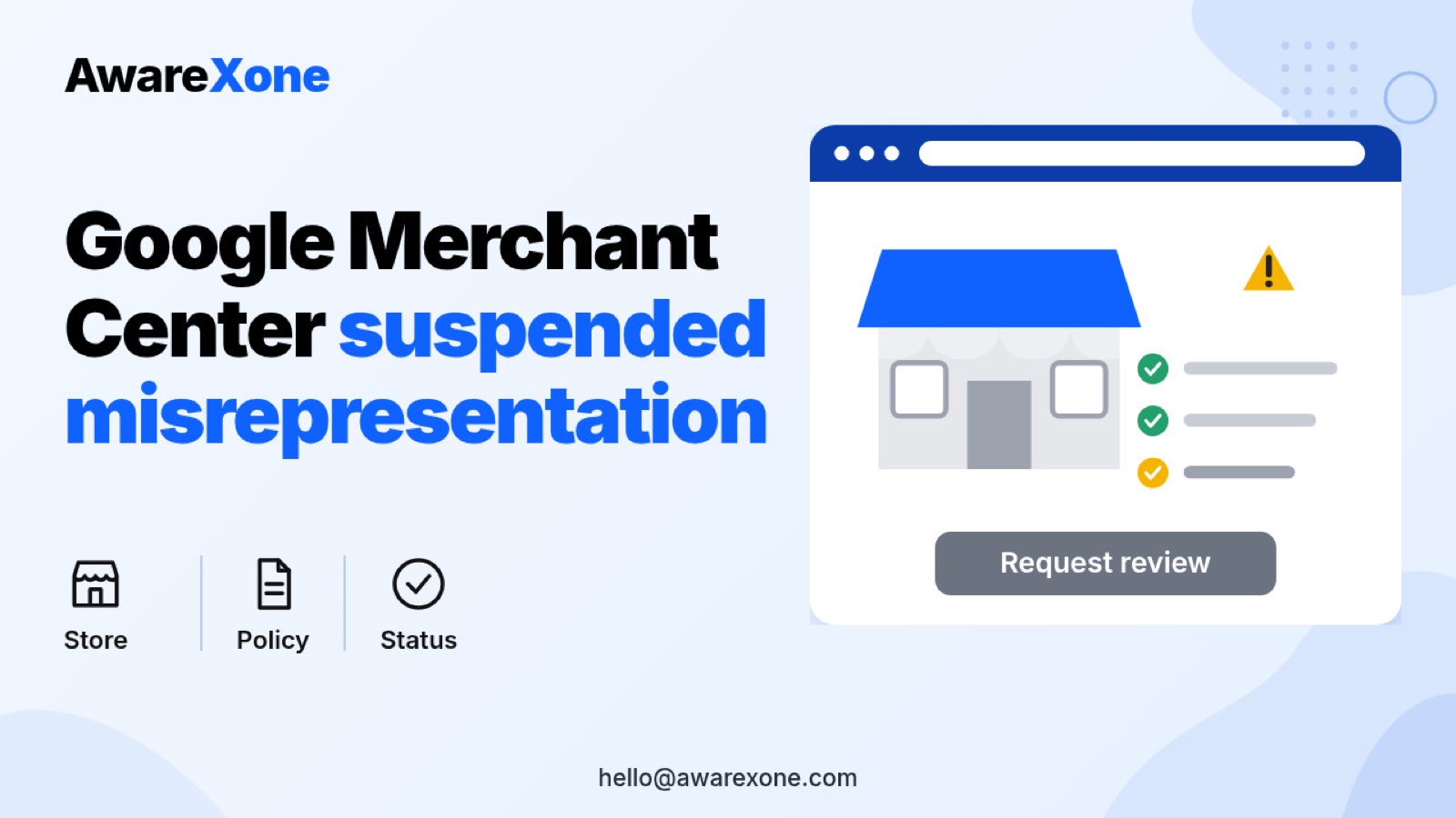 A shop owner studies a laptop with a warning banner, picturing the search Google Merchant Center account suspended misrepresentation request review identity verification.