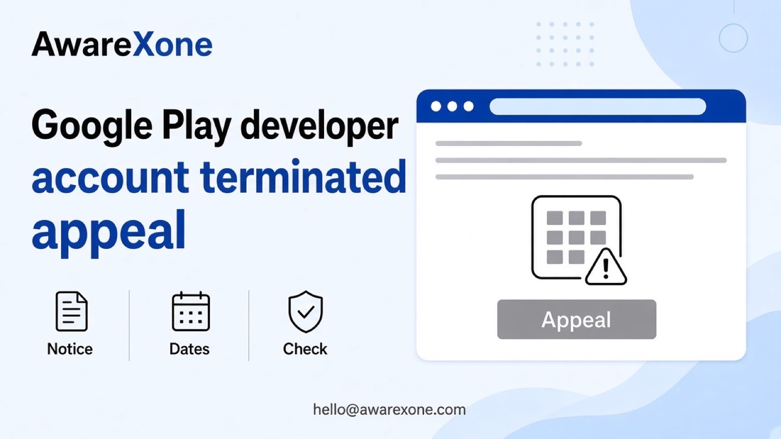 An app developer reads a termination email on a laptop at a desk with a phone beside it, after searching google play developer account terminated appeal 180 days.