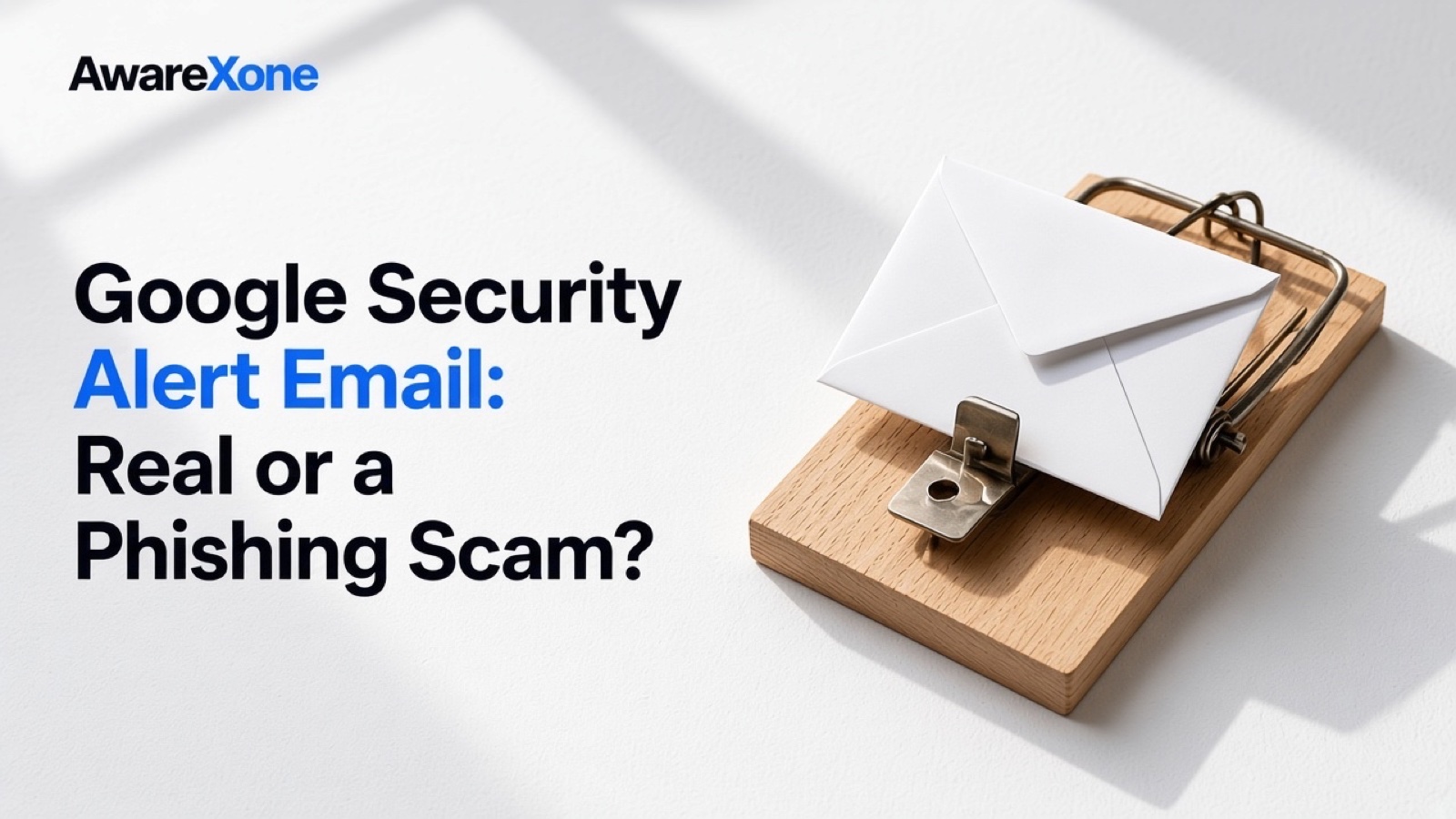 A set wooden mousetrap baited with a sealed white envelope, beside the headline Google Security Alert Email: Real or a Phishing Scam?