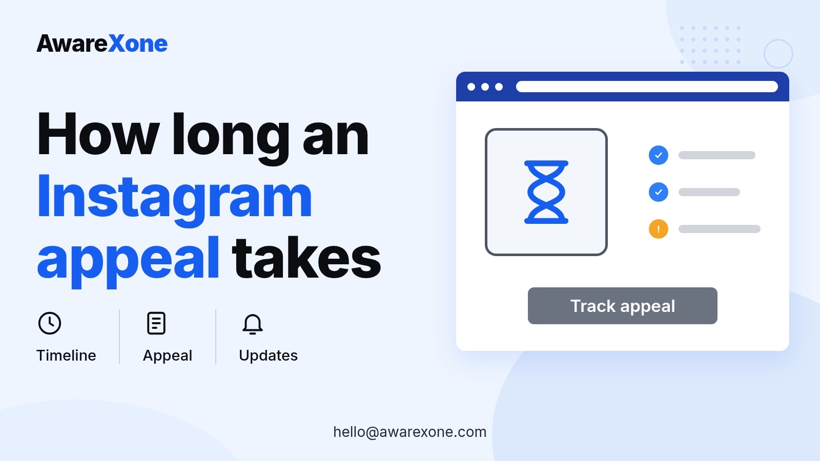 Cover card with an hourglass and status checklist, for realistic Instagram appeal timelines.