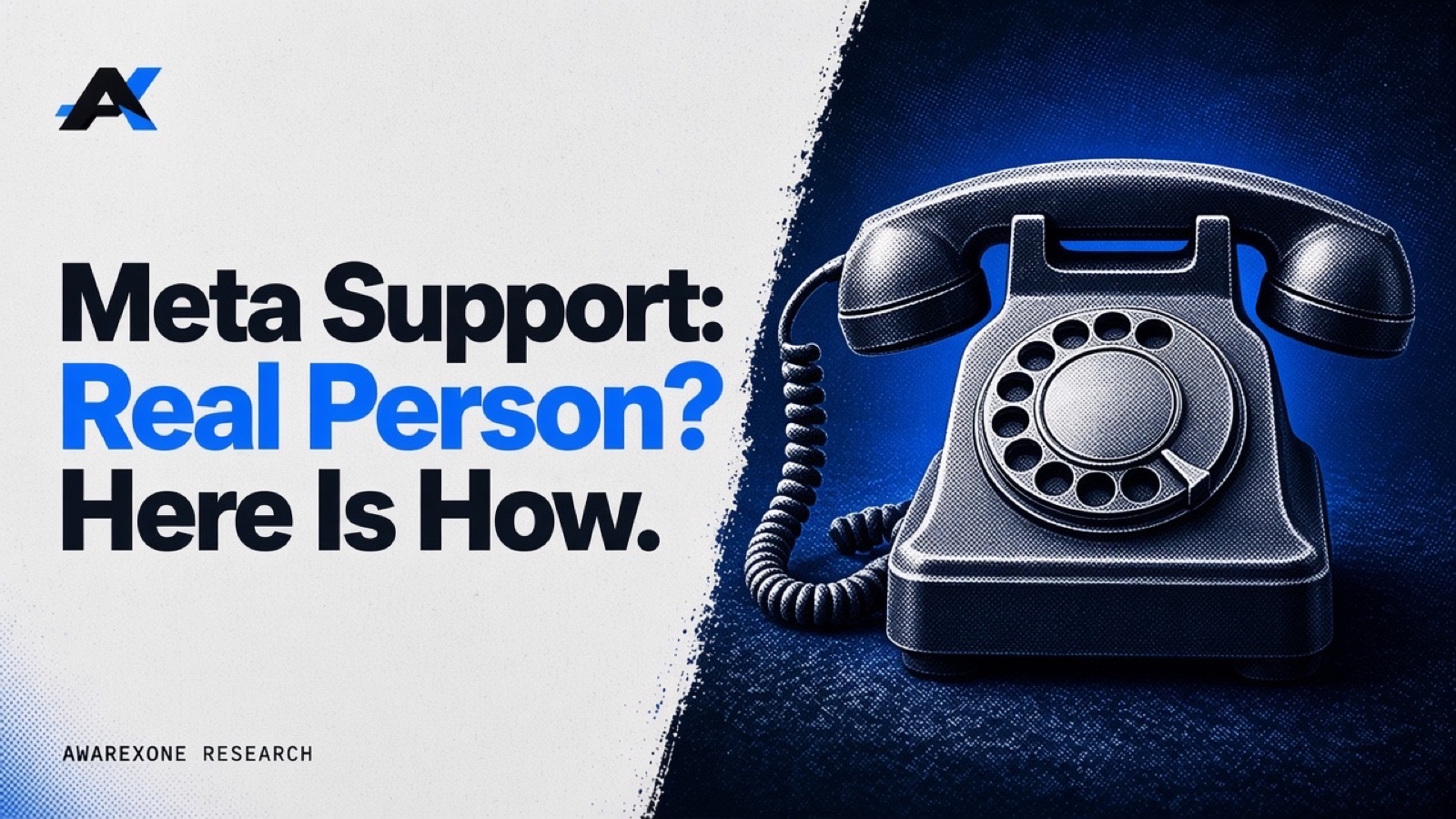 A vintage rotary desk telephone with a coiled cord in blue halftone, beside the headline Meta Support: Real Person? Here Is How.