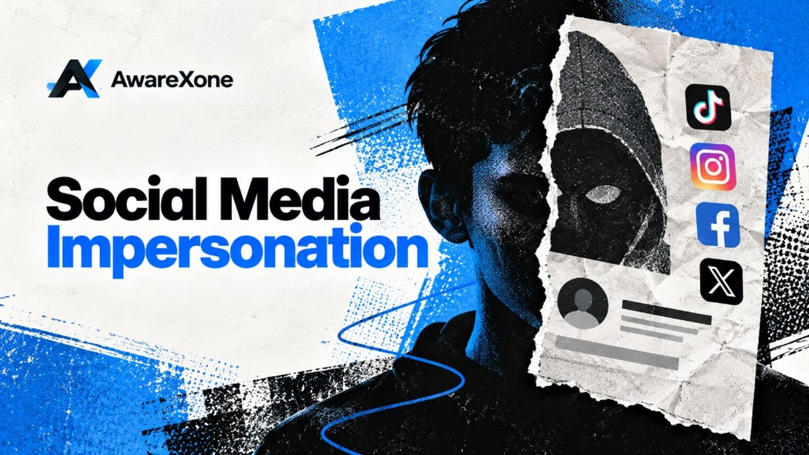 A silhouetted figure beside a torn fake profile card with a masked face, with the words Social Media Impersonation.
