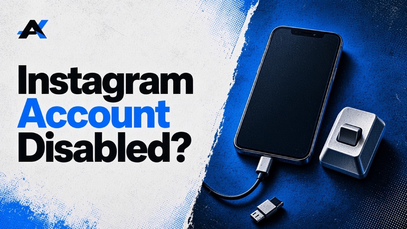 A dark smartphone with its charging cable unplugged beside a switch, with the words Instagram Account Disabled?